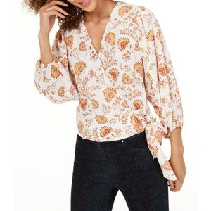 1. STATE Floral Tie-Front Blouse in White, Mustard and Pink